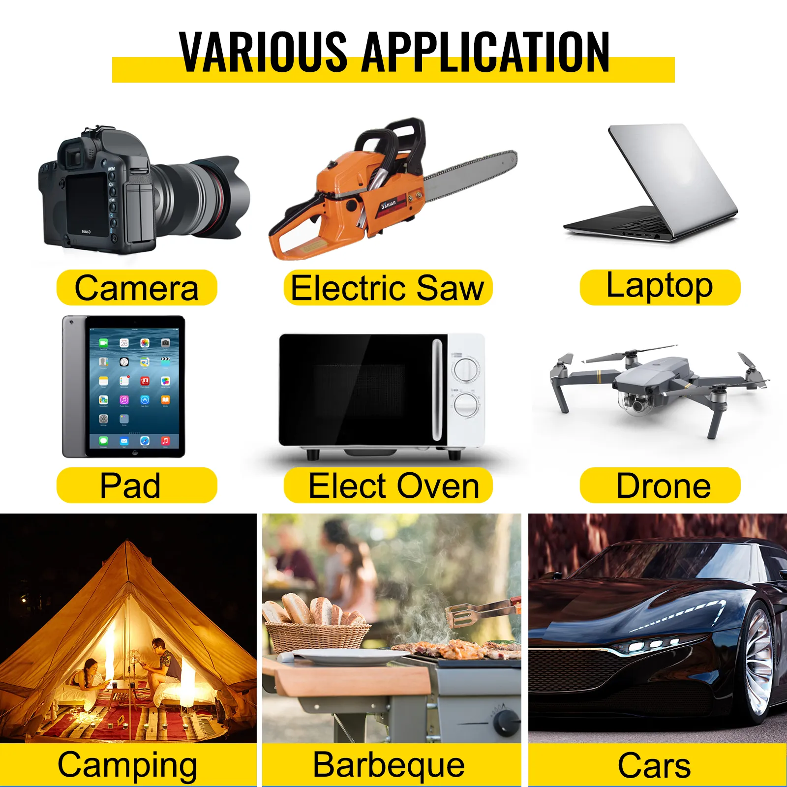 various applications of VEVOR power inverter: camera, electric saw, laptop, pad, oven, drone.