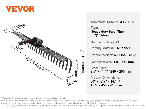 VEVOR tow behind landscape rake with 21 heavy-duty steel tines, q235 steel, 60" width, 66.1 lbs weight.