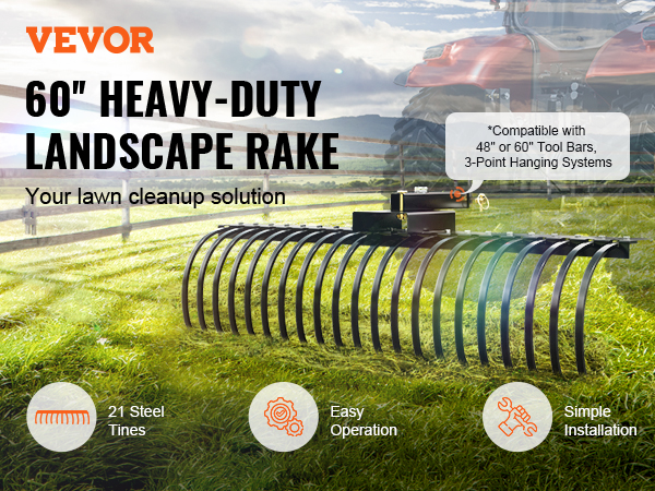 VEVOR tow behind landscape rake, 60" heavy-duty rake for lawn cleanup with 21 steel tines, easy operation.