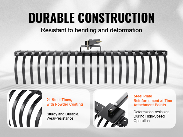 VEVOR tow behind landscape rake with 21 steel tines and steel plate reinforcement for durability.