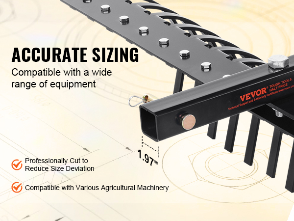 VEVOR tow behind landscape rake with accurate sizing, compatibility with various agricultural machinery.