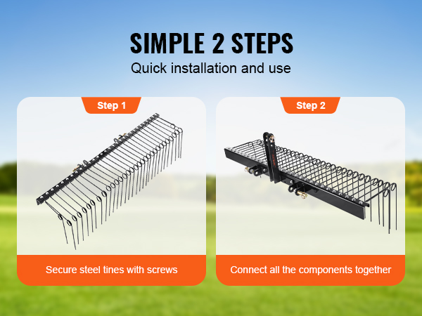 simple 2 steps to install VEVOR tow behind landscape rake: bolt fasteners and secure steel tines.