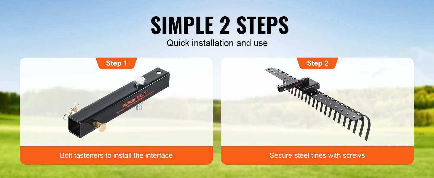simple 2 steps to install VEVOR tow behind landscape rake: bolt fasteners and secure steel tines.