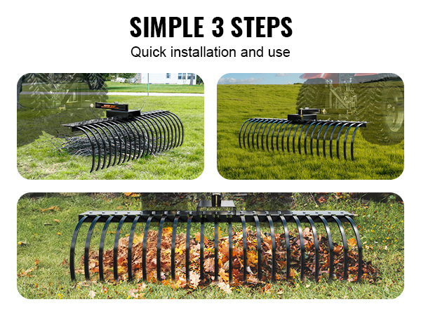 VEVOR tow behind landscape rake collecting branches, leaves, and grass on a green lawn.