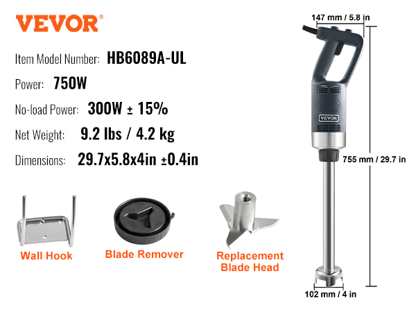 VEVOR commercial immersion blender hb6089a-ul, 750w, includes wall hook, blade remover, replacement head.