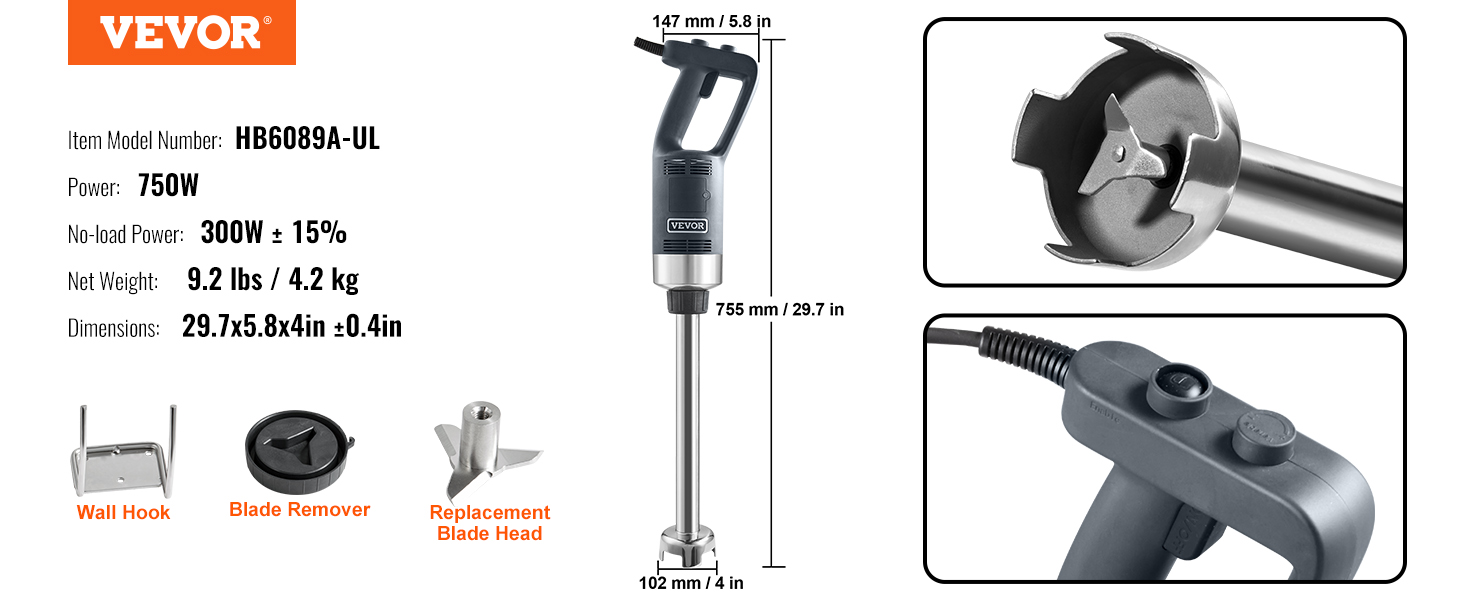 VEVOR commercial immersion blender hb6089a-ul, 750w, includes wall hook, blade remover, replacement head.