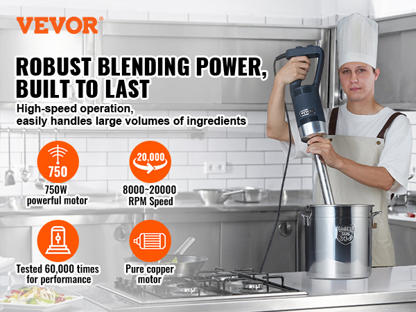 VEVOR commercial immersion blender with 750w motor and 20,000 rpm for high-speed, large volume blending.