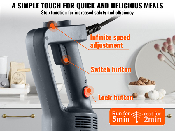 VEVOR commercial immersion blender in use, detailed features labeled: speed adjustment, switch, lock button.