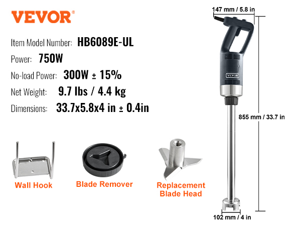 VEVOR commercial immersion blender hb6089e-ul, 750w, 9.7 lbs, includes blade remover and wall hook.