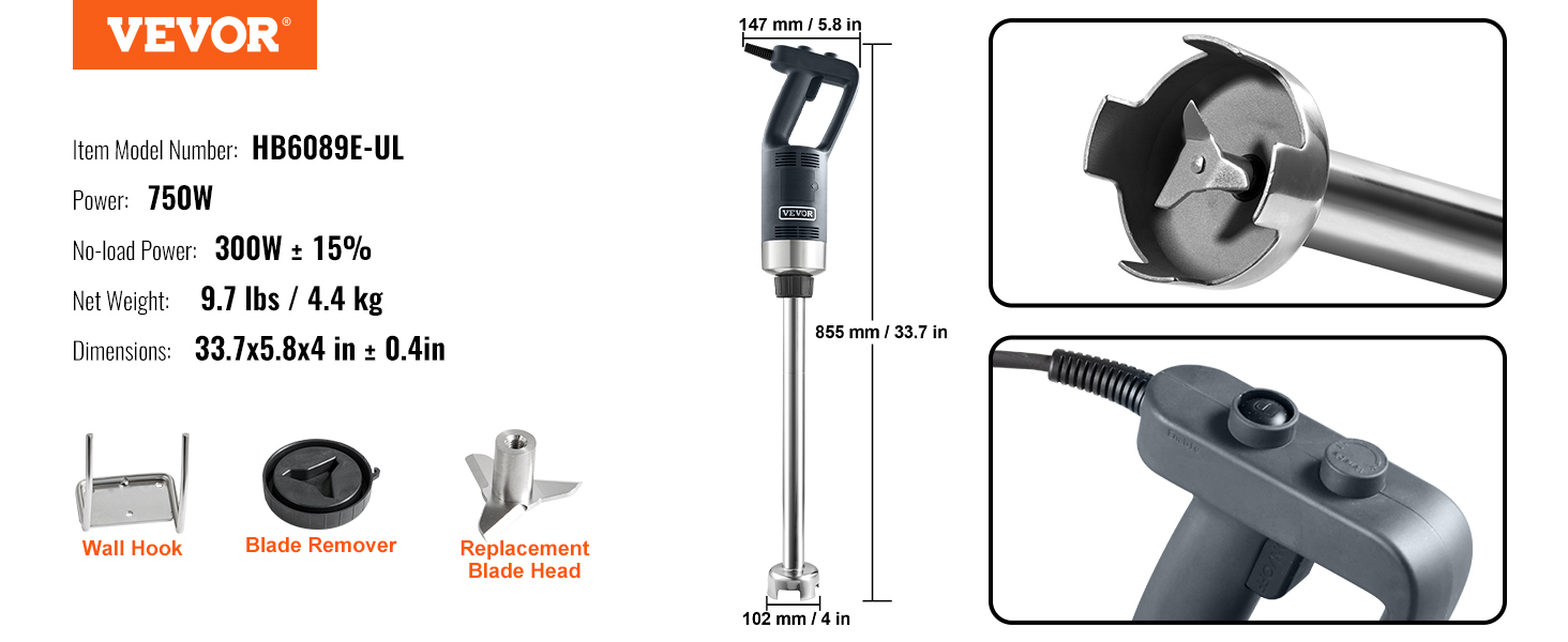 VEVOR commercial immersion blender hb6089e-ul, 750w, 9.7 lbs, includes blade remover and wall hook.