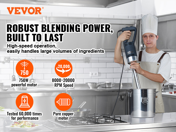 VEVOR commercial immersion blender in use, demonstrating robust blending power and high-speed operation.