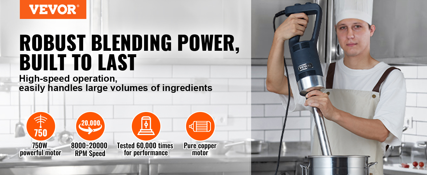 VEVOR commercial immersion blender in use, demonstrating robust blending power and high-speed operation.
