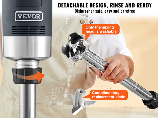 VEVOR commercial immersion blender with detachable, dishwasher-safe mixing head and replacement blade.