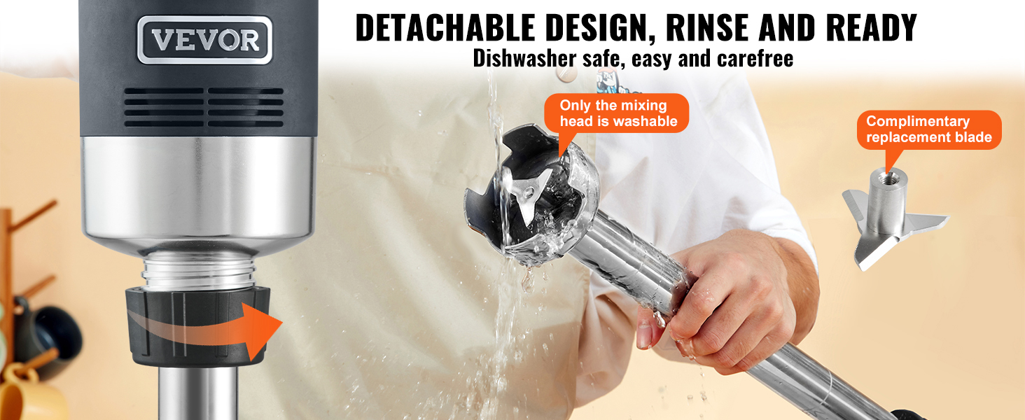 VEVOR commercial immersion blender with detachable, dishwasher-safe mixing head and replacement blade.