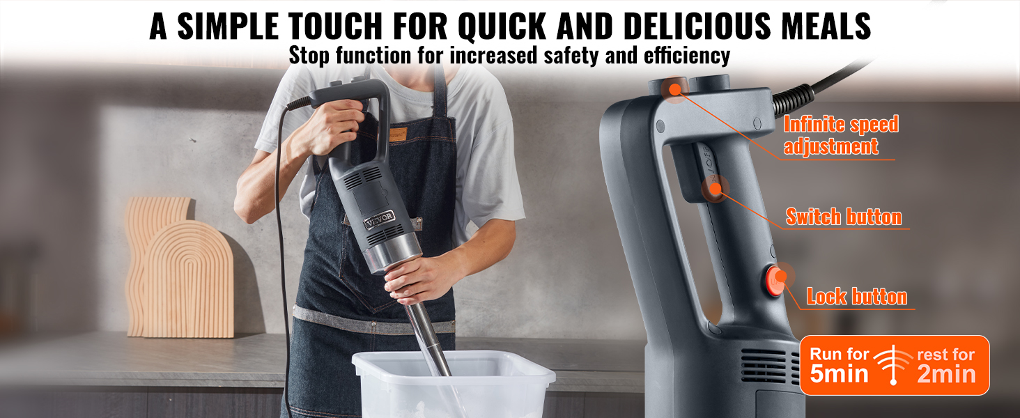 chef using VEVOR commercial immersion blender in kitchen with labeled features for speed, switch, and lock.