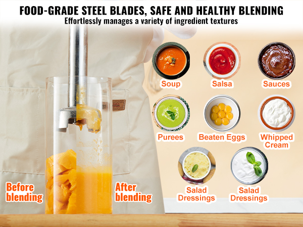 VEVOR commercial immersion blender with steel blades blends soups, sauces, and purees efficiently.