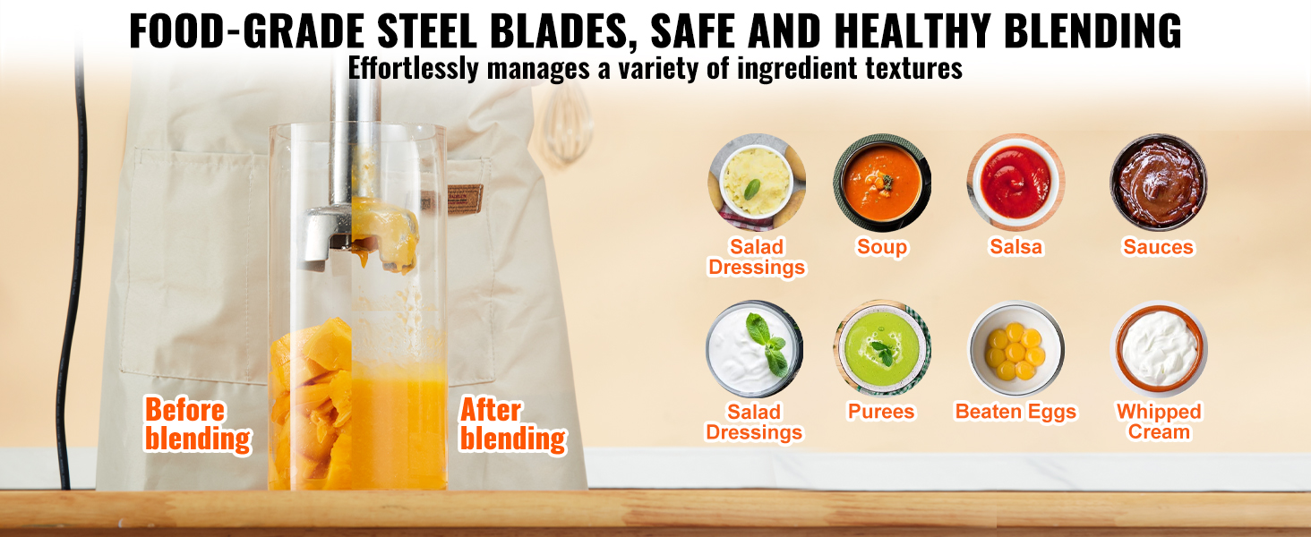 VEVOR commercial immersion blender with steel blades blends soups, sauces, and purees efficiently.