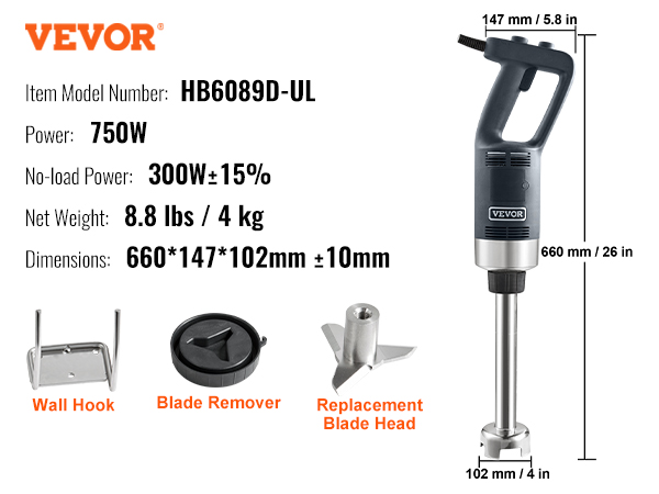 VEVOR commercial immersion blender with 750w power, 8.8 lbs weight, and 147mm blade head diameter.