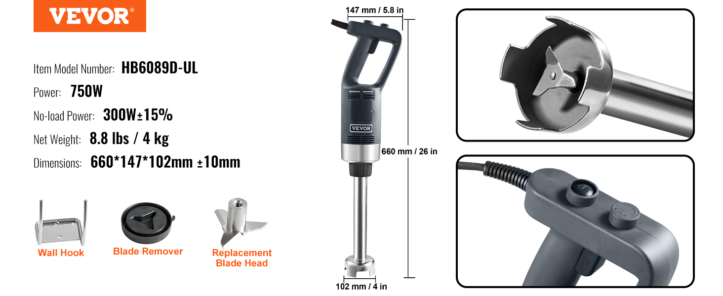 VEVOR commercial immersion blender with 750w power, 8.8 lbs weight, and 147mm blade head diameter.