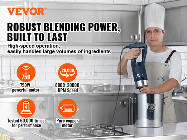 VEVOR commercial immersion blender in use, showcasing its 750w motor, high rpm speed, and durability.