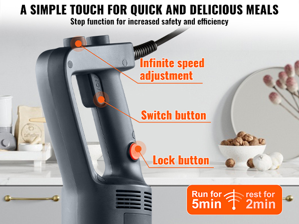 person using VEVOR commercial immersion blender with infinite speed adjustment in a kitchen setting.