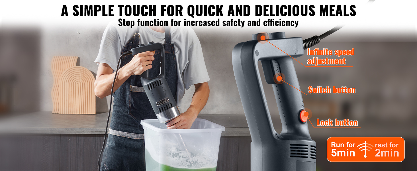 person using VEVOR commercial immersion blender with infinite speed adjustment in a kitchen setting.