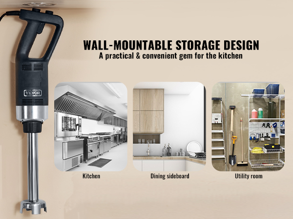 wall-mounted VEVOR commercial immersion blender in multiple kitchen and storage settings.