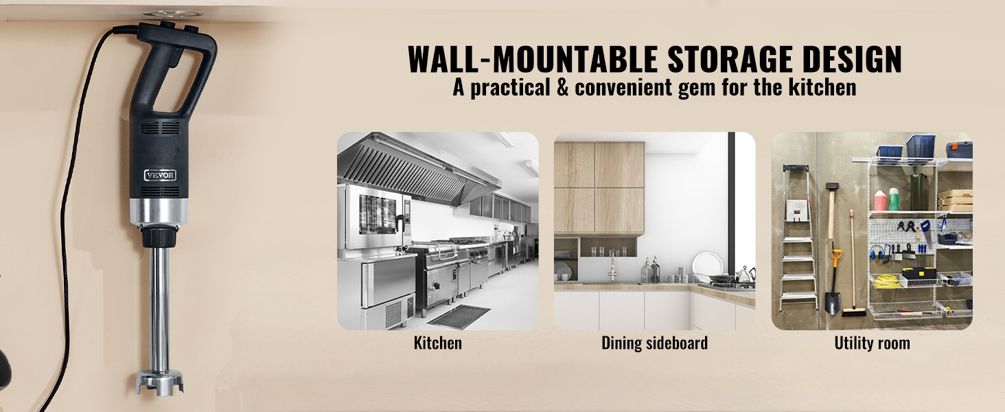 wall-mounted VEVOR commercial immersion blender in multiple kitchen and storage settings.