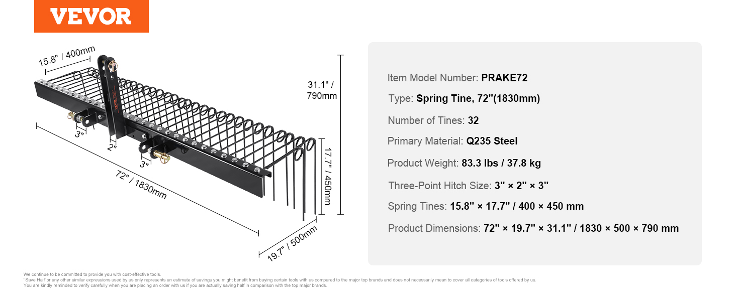 VEVOR tow behind landscape rake, model number prake72, with 32 tines and q235 steel construction.