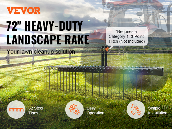 VEVOR tow behind landscape rake with 32 steel tines, easy operation, and simple installation.