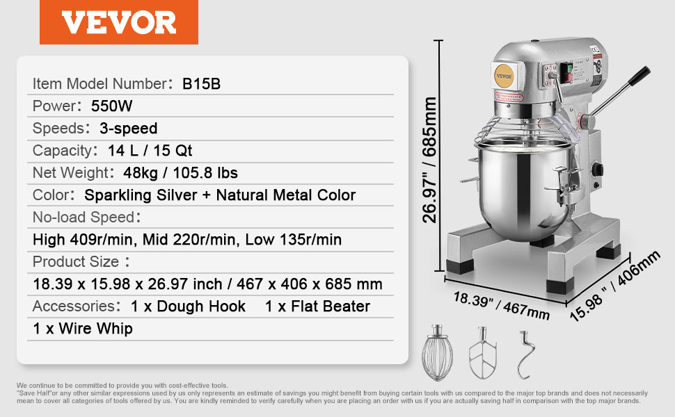 VEVOR food mixer b15b, 550w, 3-speed, 14l/15qt capacity, 26.97-inch height, accessories included.