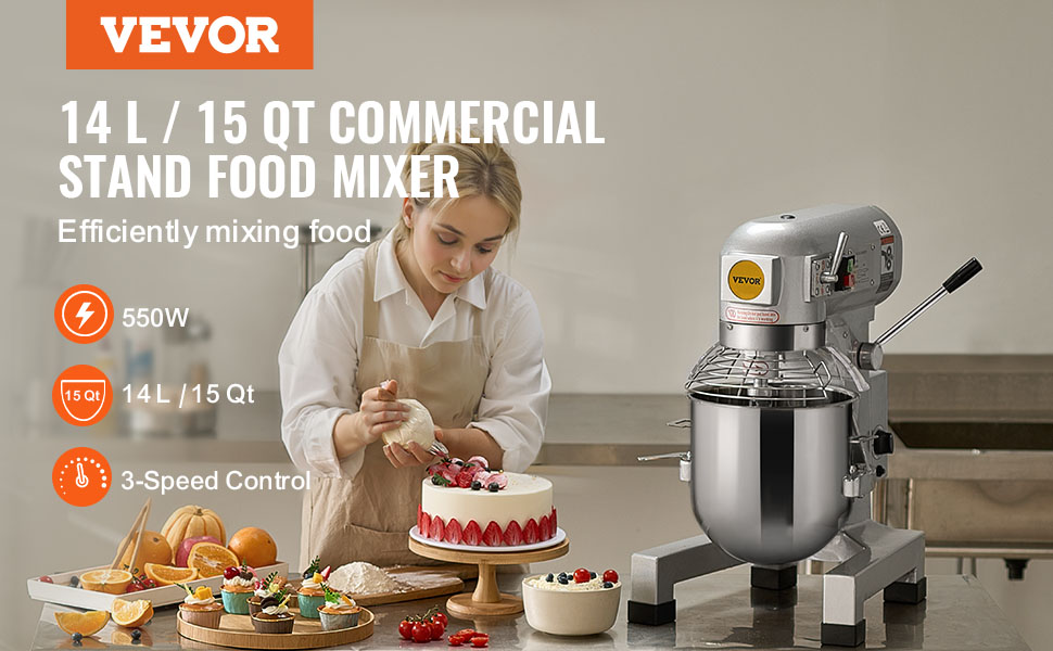 VEVOR food mixer; 14l/15qt capacity, 550w power, 3-speed control. cakes and fruits on table nearby.