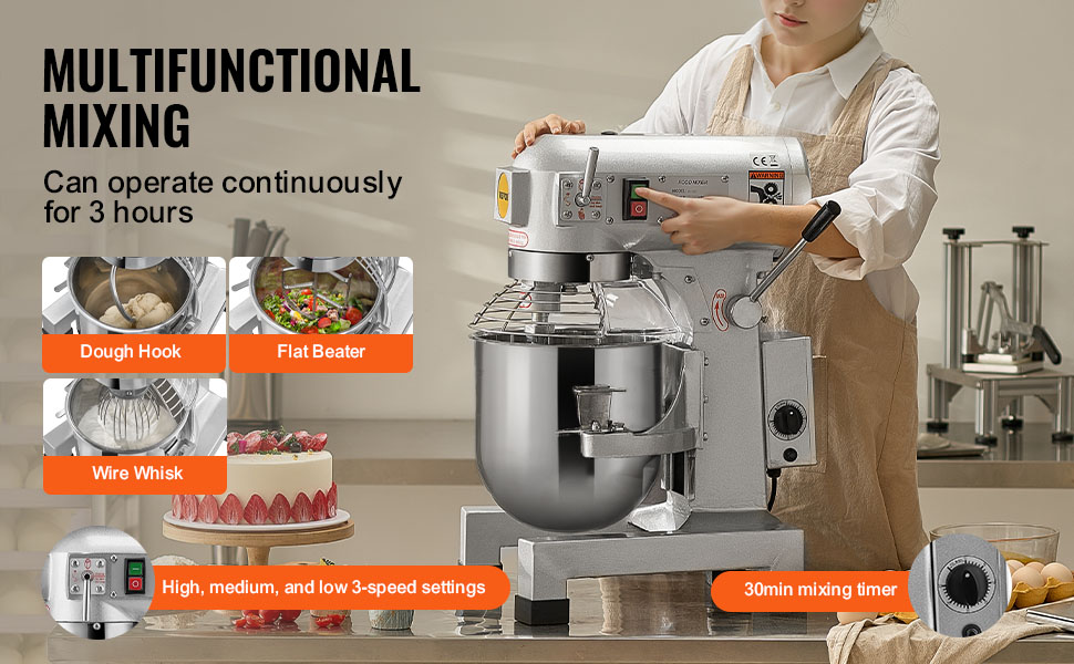 VEVOR food mixer with dough hook, flat beater, wire whisk, and 3-speed settings on a kitchen counter.