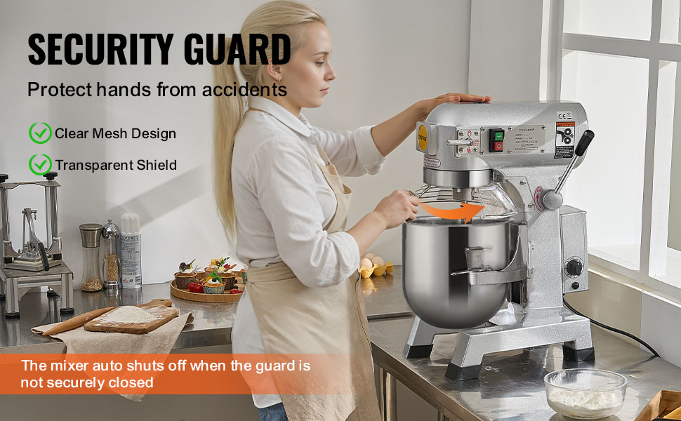 person using VEVOR food mixer with safety guard and clear mesh design in a commercial kitchen setting.
