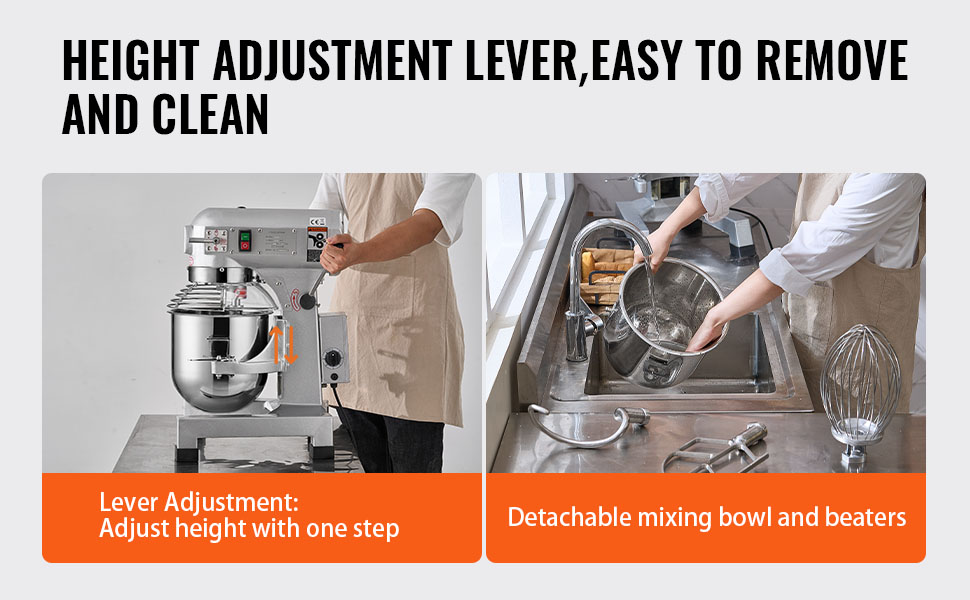 VEVOR food mixer with adjustable height lever, detachable mixing bowl, and beaters for easy cleaning.