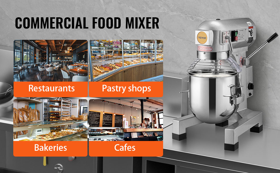 commercial VEVOR food mixer for restaurants, pastry shops, bakeries, and cafes on a kitchen counter.