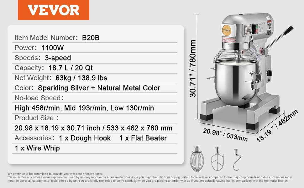 VEVOR commercial food mixer b20b, 1100w, 3-speed, 18.7l capacity, accessories shown below specs.