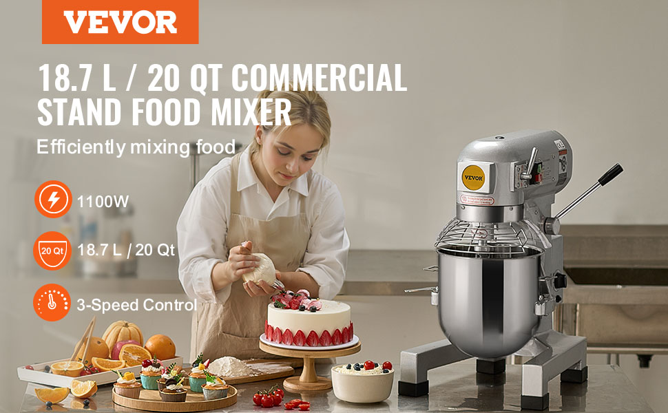 VEVOR commercial food mixer 20 qt with 3-speed control, 1100w, in a kitchen with beautifully decorated cakes.