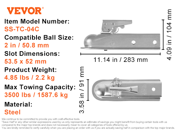 VEVOR trailer coupler with 3500 lbs capacity, steel material, and 2-inch ball size, 11.14-inch length.