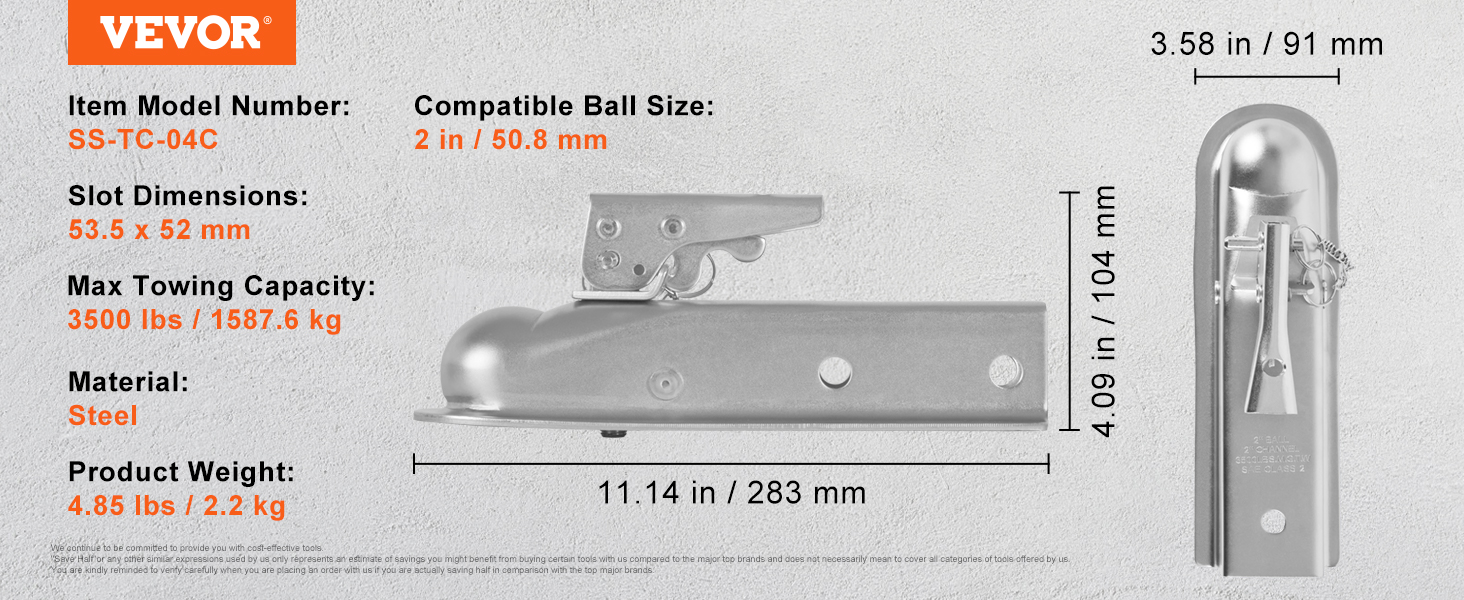 VEVOR trailer coupler with 3500 lbs capacity, steel material, and 2-inch ball size, 11.14-inch length.