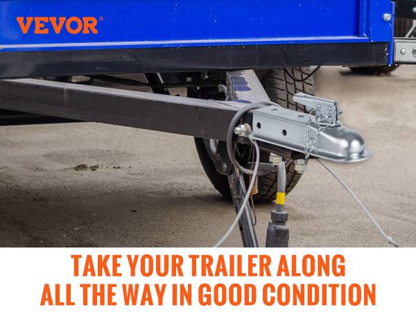 VEVOR trailer coupler attached to a blue trailer, noting its 3500lbs load capacity for large trailers.