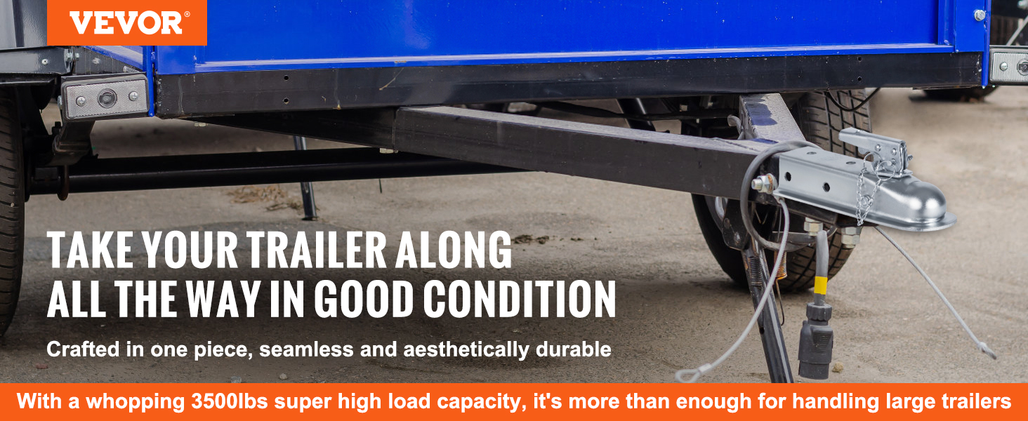 VEVOR trailer coupler attached to a blue trailer, noting its 3500lbs load capacity for large trailers.