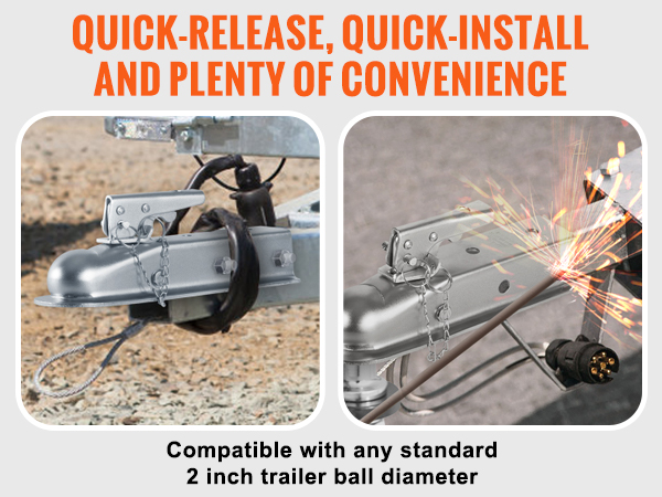 VEVOR trailer coupler with quick-release, screw or welding installation options, compatible with 2-inch ball.
