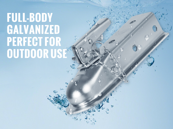 full-body galvanized VEVOR trailer coupler, rust and corrosion-resistant for outdoor use and durability.