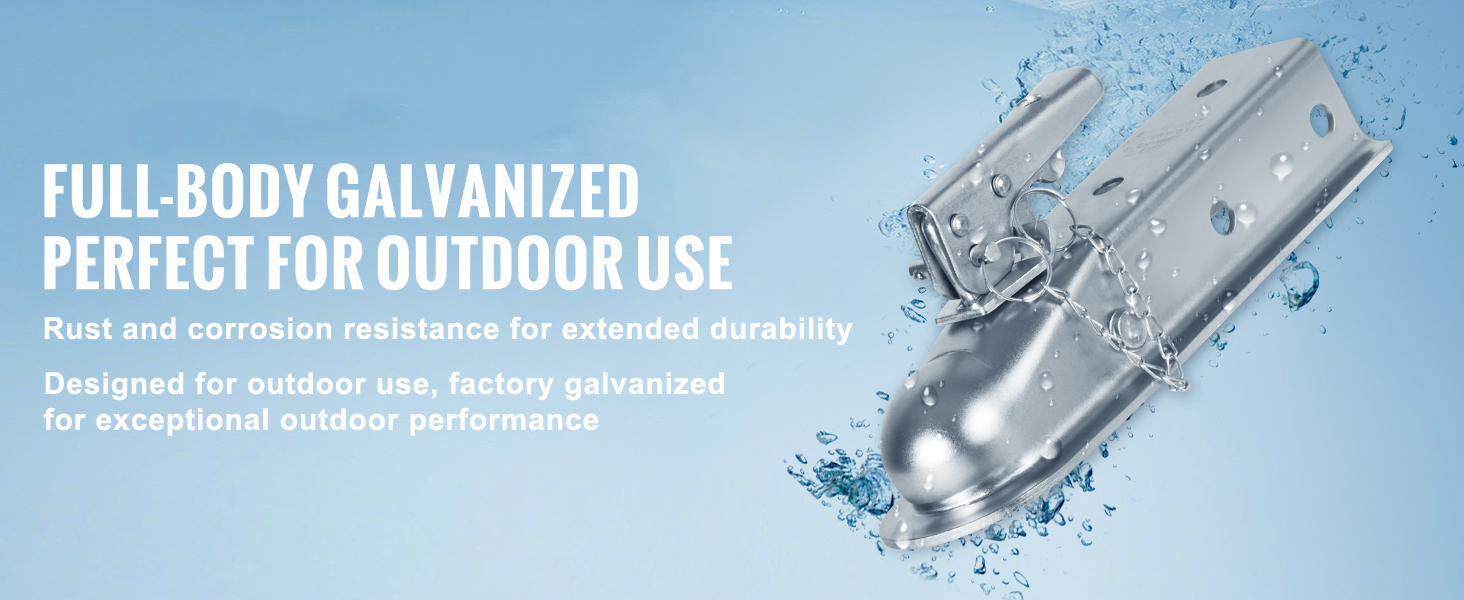 full-body galvanized VEVOR trailer coupler, rust and corrosion-resistant for outdoor use and durability.