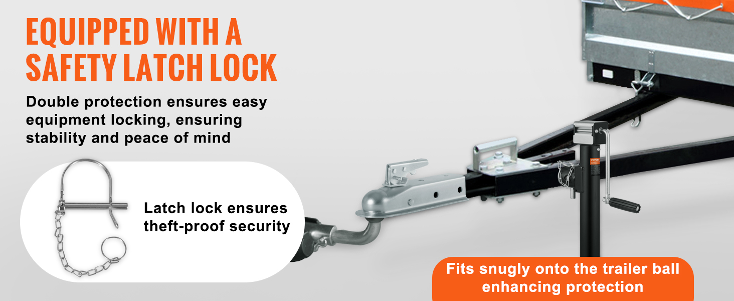 VEVOR trailer coupler with safety latch lock for stability and theft-proof security.