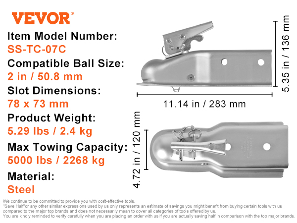 VEVOR trailer coupler specifications: 2-inch ball size, 5000 lbs capacity, steel material, 5.29 lbs weight.