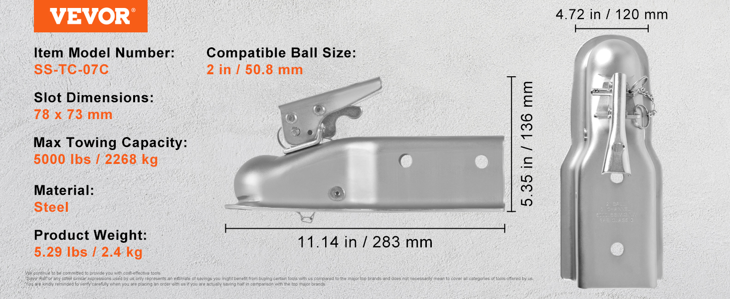 VEVOR trailer coupler specifications: 2-inch ball size, 5000 lbs capacity, steel material, 5.29 lbs weight.