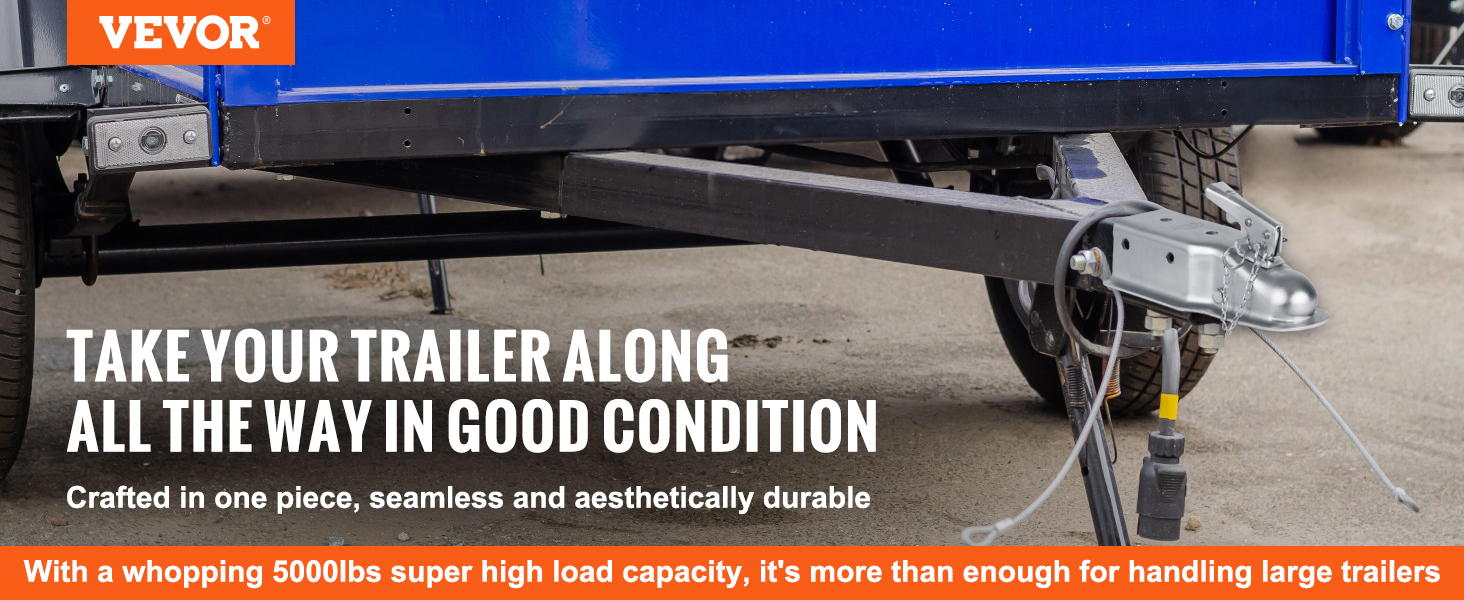 VEVOR trailer coupler attached to a blue trailer with a seamless, durable design and high load capacity.