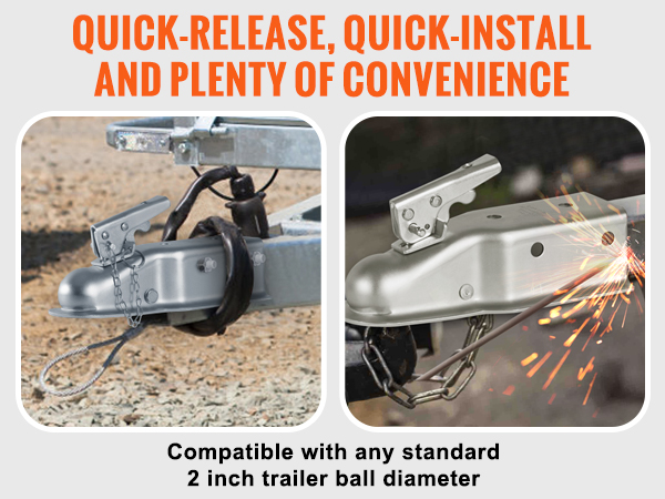 VEVOR trailer coupler showcasing screw and direct welding installation options with quick-release feature.